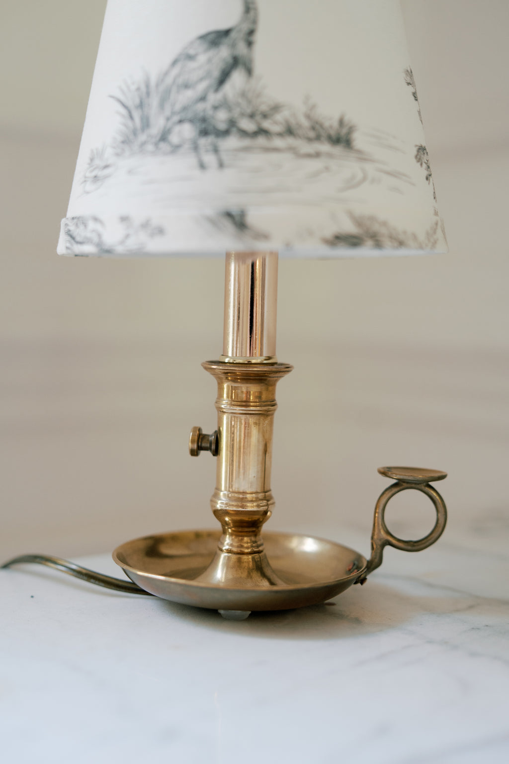 Antique Brass Chamberstick Lamp with Custom Toile Shade