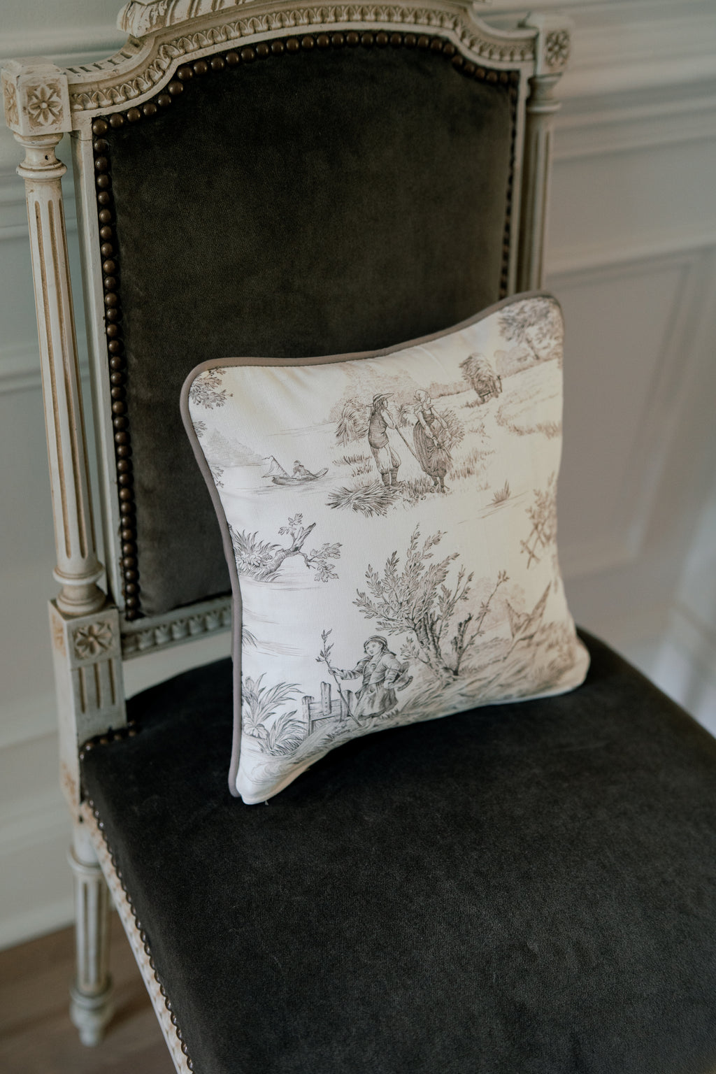 12x12 French Toile Ivory & Taupe Brown Pillow