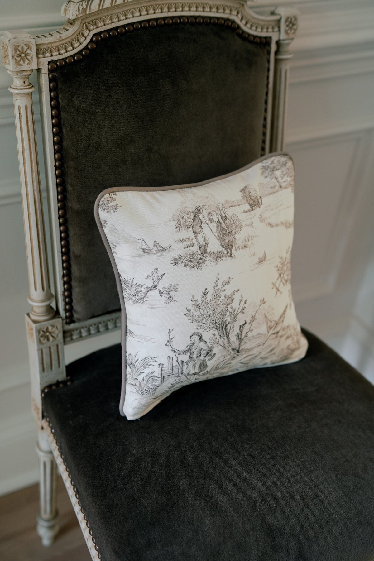 12x12 French Toile Ivory & Taupe Brown Pillow