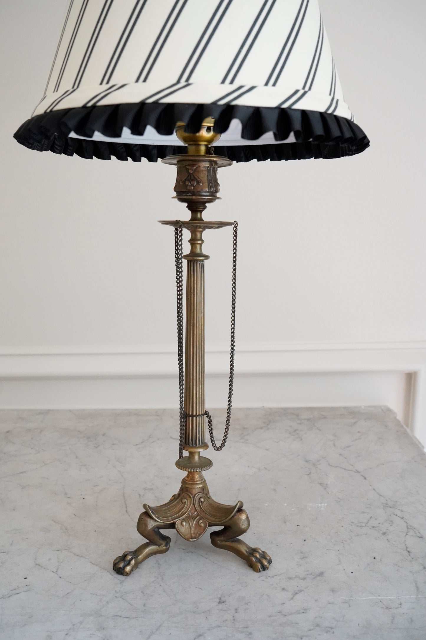 Antique French Bronze Footed Cordless Lamp with Custom Stripe Shade