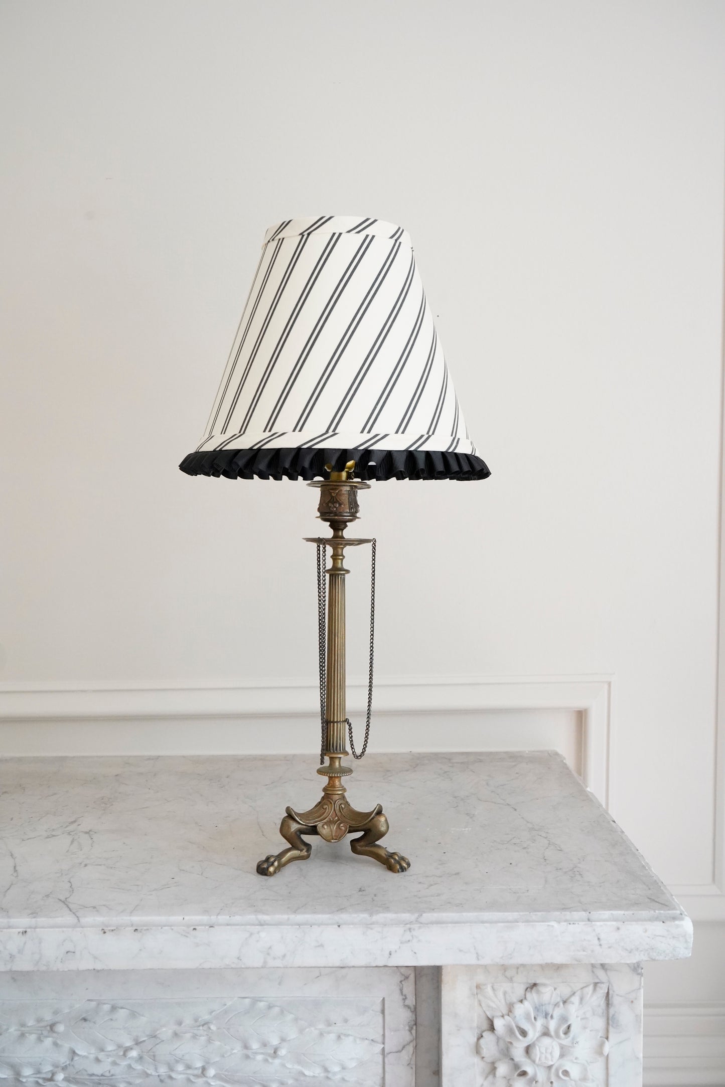 Antique French Bronze Footed Cordless Lamp with Custom Stripe Shade